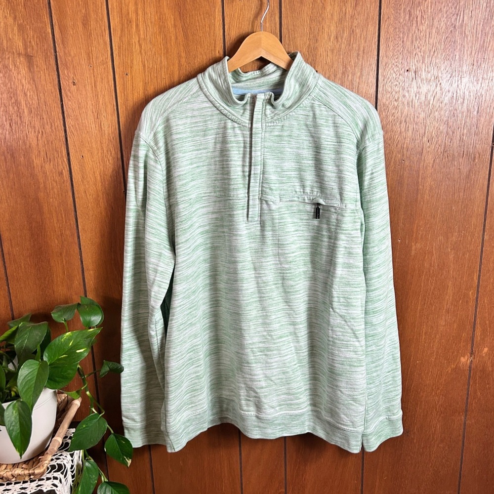 Tommy Bahama Quarter Zip Pullover Sweater Green Striped Mens XL Made in‎ China